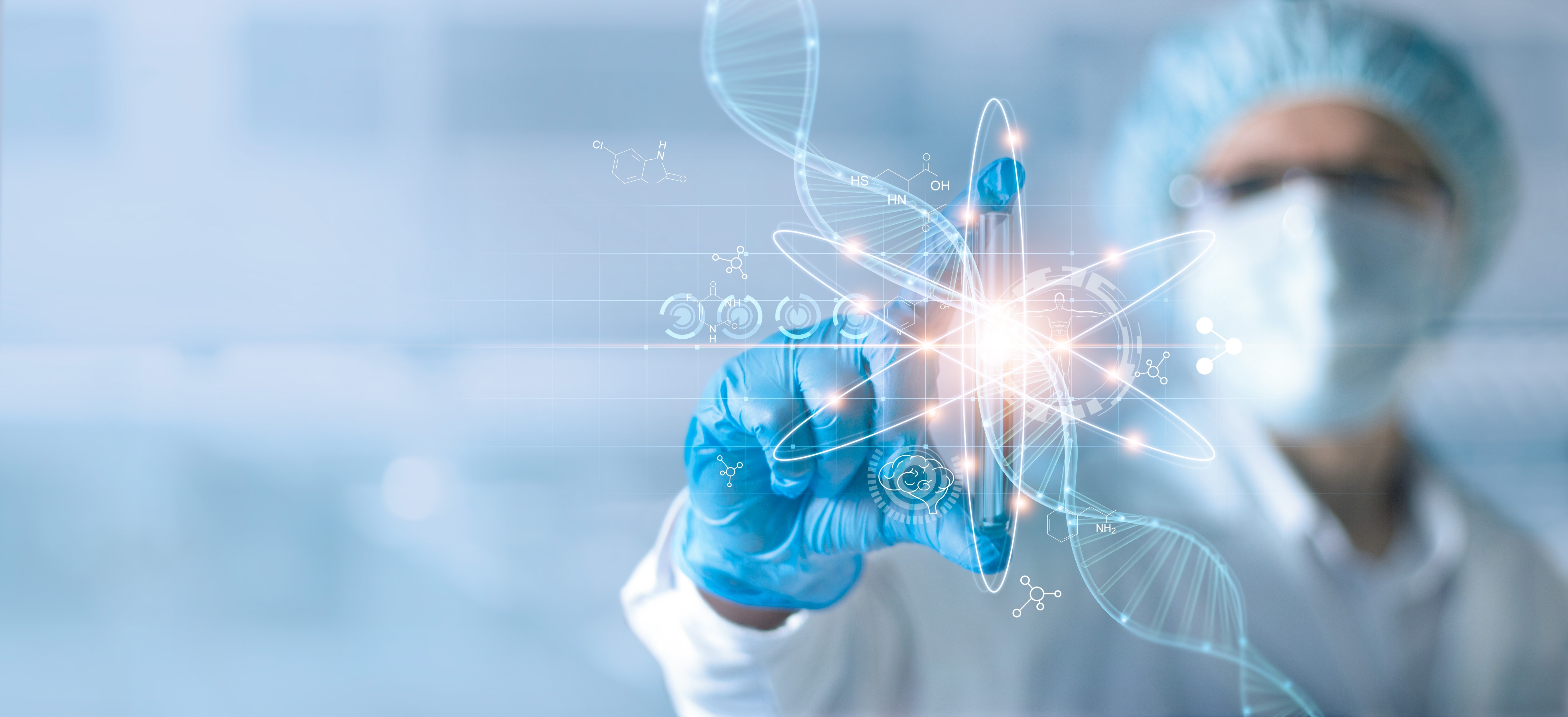 masked lab worker with a test tube and graphics overlayed